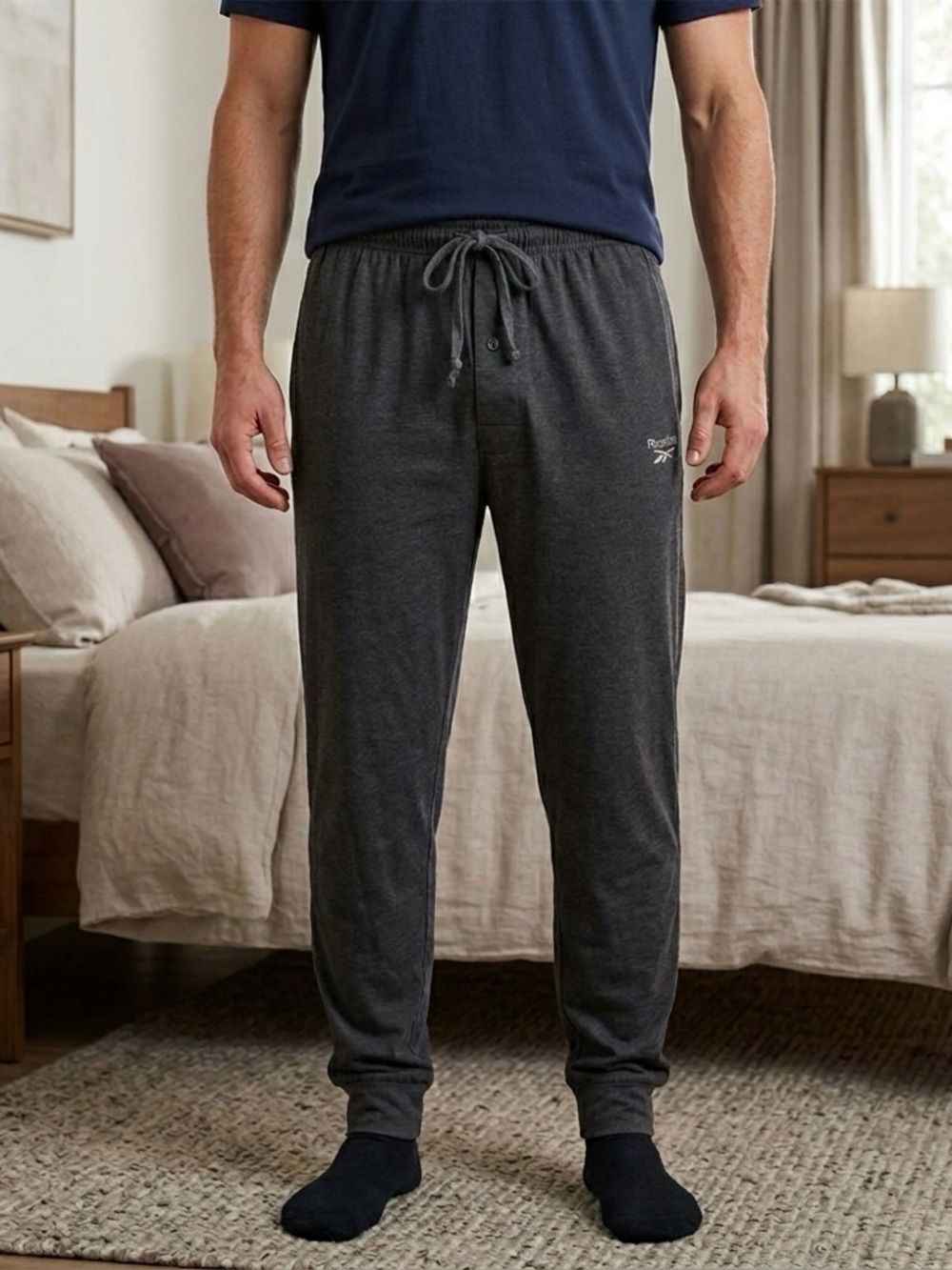 Reebok Mens Jogger Sleep Pants Charcoal Heather Gray Lounge Sweatpants Medium